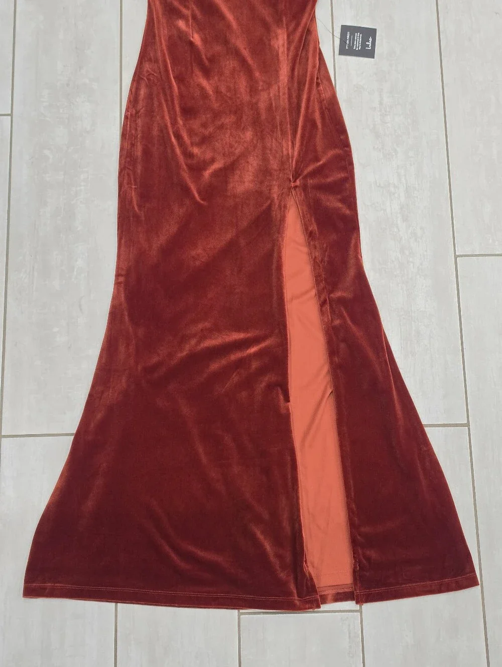 NWT LULUS Immensely Glam Rust Red Velvet Backless Maxi Dress Slit